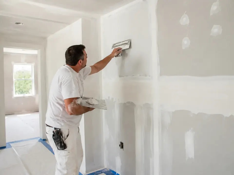 Drywall finisher applying joint compound with a broad finishing knife